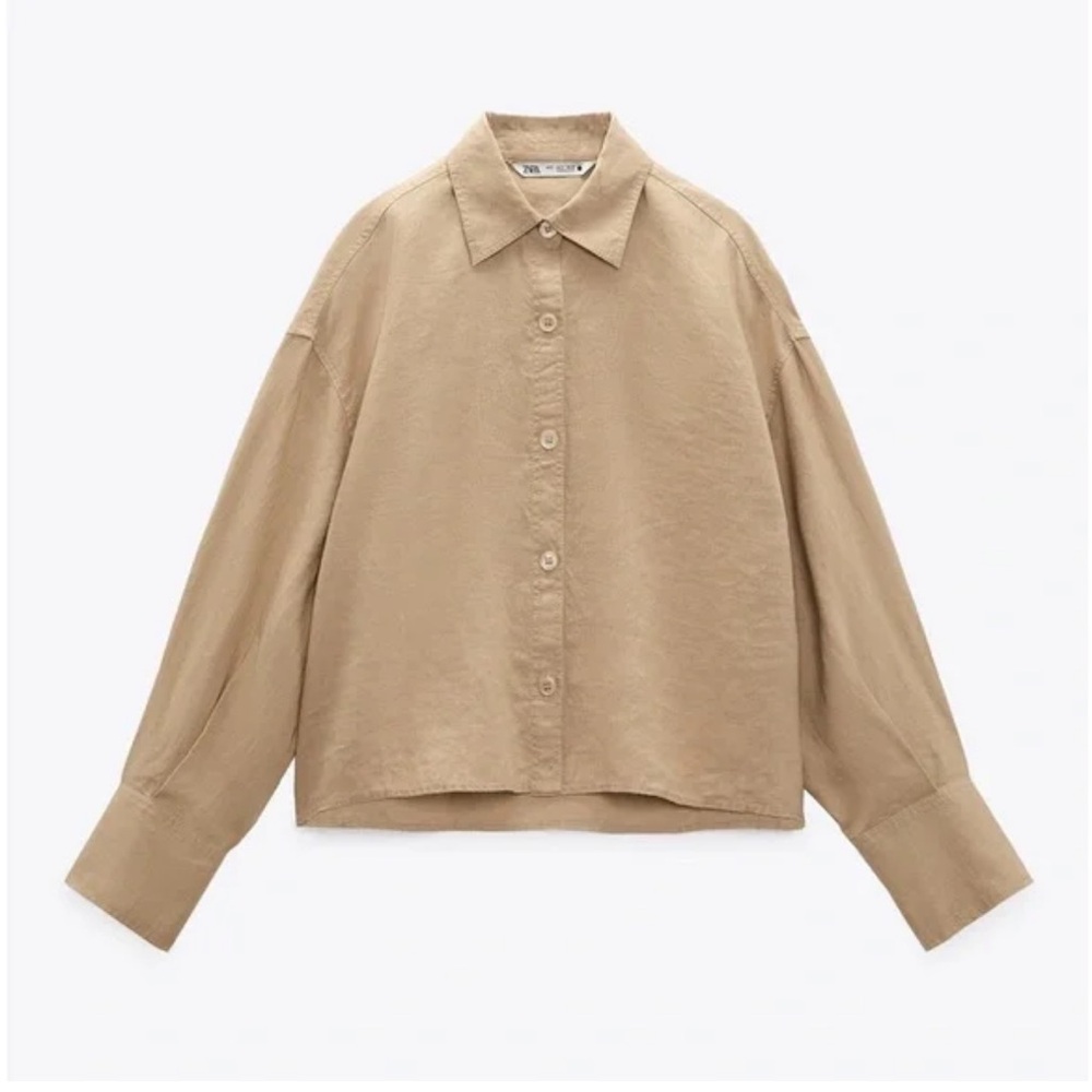 ZARA CROPPED 100% LINEN BUTTON DOWN SHIRT TAUPE BROWN 4786/084 BEACH VACATION XS